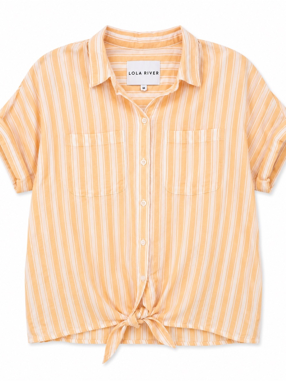 Lola River Yellow White Striped Tie Front Button-Up Shirt Medium Linen Blend